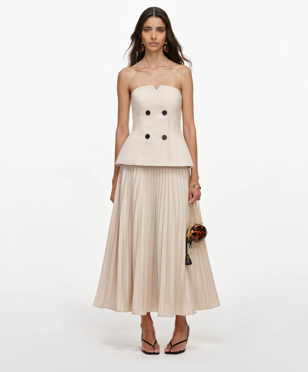 Self-Portrait Beige Bandeau Pleated Midi Dress